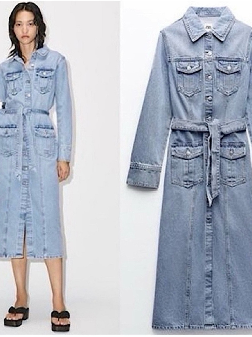 Zara Light Blue Denim Shirt Dress with Waist Tie, like new